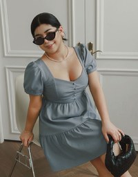 Sweetheart Neckline Puff Sleeve Tiered Mini Dress with Button Detail
