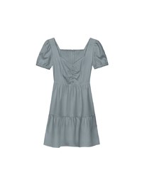 Sweetheart Neckline Puff Sleeve Tiered Mini Dress with Button Detail