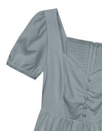 Sweetheart Neckline Puff Sleeve Tiered Mini Dress with Button Detail
