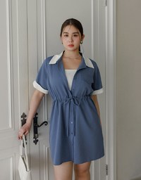 Contrast Collar Button Front Shirt Mini Dress with Drawstring Waist