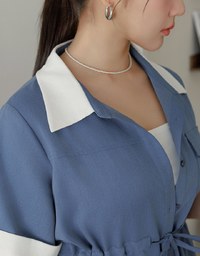 Contrast Collar Button Front Shirt Mini Dress with Drawstring Waist
