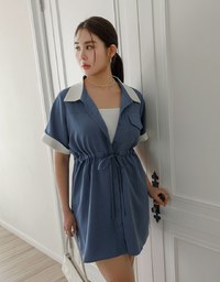 Contrast Collar Button Front Shirt Mini Dress with Drawstring Waist
