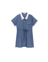 Contrast Collar Button Front Shirt Mini Dress with Drawstring Waist