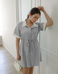 Contrast Collar Button Front Shirt Mini Dress with Drawstring Waist