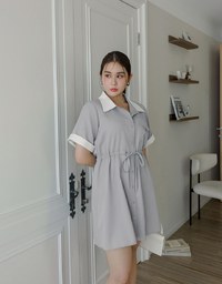Contrast Collar Button Front Shirt Mini Dress with Drawstring Waist