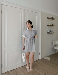 Contrast Collar Button Front Shirt Mini Dress with Drawstring Waist