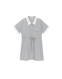 Contrast Collar Button Front Shirt Mini Dress with Drawstring Waist