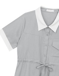 Contrast Collar Button Front Shirt Mini Dress with Drawstring Waist