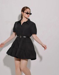 Button Down Puff Sleeve Flare Hem Tiered Mini Shirt Dress