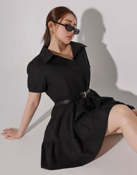 Button Down Puff Sleeve Flare Hem Tiered Mini Shirt Dress