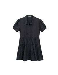 Button Down Puff Sleeve Flare Hem Tiered Mini Shirt Dress