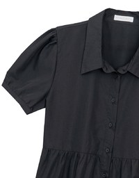 Button Down Puff Sleeve Flare Hem Tiered Mini Shirt Dress