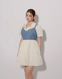 Button Down Puff Sleeve Flare Hem Tiered Mini Shirt Dress