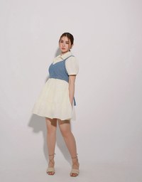 Button Down Puff Sleeve Flare Hem Tiered Mini Shirt Dress
