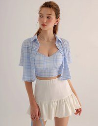 Checkered Button Up Cropped Shirt and Checkered Cami Padded Top Set Wear