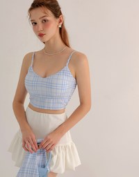 Checkered Button Up Cropped Shirt and Checkered Cami Padded Top Set Wear