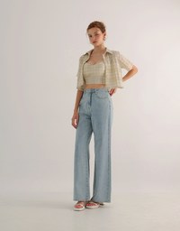 Checkered Button Up Cropped Shirt and Checkered Cami Padded Top Set Wear