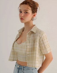 Checkered Button Up Cropped Shirt and Checkered Cami Padded Top Set Wear