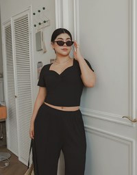 Twist Front Short Sleeve Cropped Top and Elastic Waist Relaxed Pants Setwear