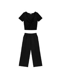 Twist Front Short Sleeve Cropped Top and Elastic Waist Relaxed Pants Setwear