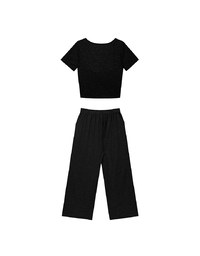 Twist Front Short Sleeve Cropped Top and Elastic Waist Relaxed Pants Setwear