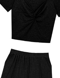 Twist Front Short Sleeve Cropped Top and Elastic Waist Relaxed Pants Setwear