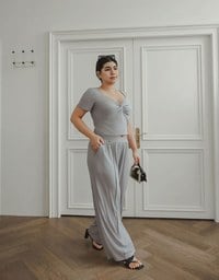 Twist Front Short Sleeve Cropped Top and Elastic Waist Relaxed Pants Setwear