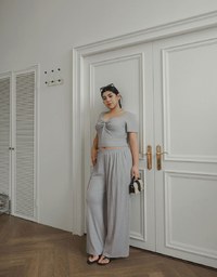 Twist Front Short Sleeve Cropped Top and Elastic Waist Relaxed Pants Setwear