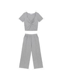 Twist Front Short Sleeve Cropped Top and Elastic Waist Relaxed Pants Setwear