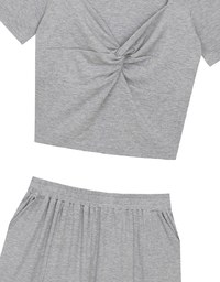 Twist Front Short Sleeve Cropped Top and Elastic Waist Relaxed Pants Setwear
