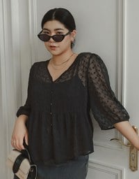 V Neck Sheer Embroidered Peplum Blouse and Basic Camisole Top Set Wear
