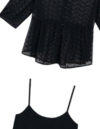 V Neck Sheer Embroidered Peplum Blouse and Basic Camisole Top Set Wear