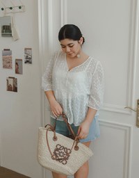 V Neck Sheer Embroidered Peplum Blouse and Basic Camisole Top Set Wear