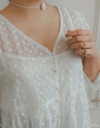 V Neck Sheer Embroidered Peplum Blouse and Basic Camisole Top Set Wear