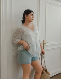 V Neck Sheer Embroidered Peplum Blouse and Basic Camisole Top Set Wear