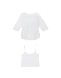 V Neck Sheer Embroidered Peplum Blouse and Basic Camisole Top Set Wear