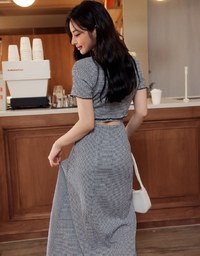 DRESS + TOP SET Checkered Ruched Front Blouse and Spaghetti Strap Midi Dress Set Wear