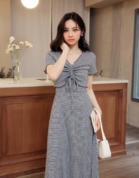 DRESS + TOP SET Checkered Ruched Front Blouse and Spaghetti Strap Midi Dress Set Wear
