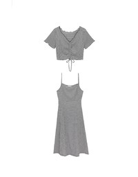 DRESS + TOP SET Checkered Ruched Front Blouse and Spaghetti Strap Midi Dress Set Wear