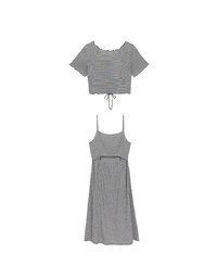 DRESS + TOP SET Checkered Ruched Front Blouse and Spaghetti Strap Midi Dress Set Wear