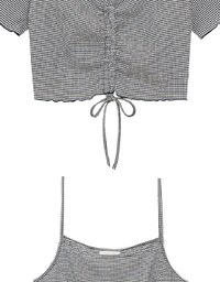 DRESS + TOP SET Checkered Ruched Front Blouse and Spaghetti Strap Midi Dress Set Wear