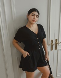 Soft Crinkle Textured V Neck Buttoned Front Jumpsuit