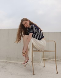Cropped Knit Top with Striped Pattern and Sailor Collar