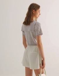 Cropped Knit Top with Striped Pattern and Sailor Collar