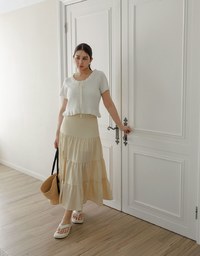 Ruffled Neckline Short Sleeve Knit Vest Top with Button Trim