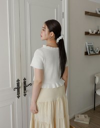 Ruffled Neckline Short Sleeve Knit Vest Top with Button Trim