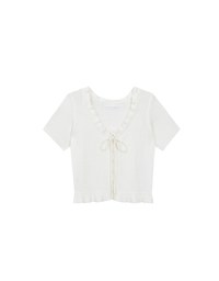 Ruffled Neckline Short Sleeve Knit Vest Top with Button Trim