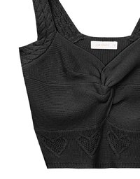 Twist Front Knit Crop Tank Top with Heart Pattern Hem Detail