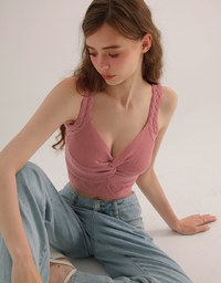Twist Front Knit Crop Tank Top with Heart Pattern Hem Detail