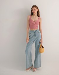 Twist Front Knit Crop Tank Top with Heart Pattern Hem Detail